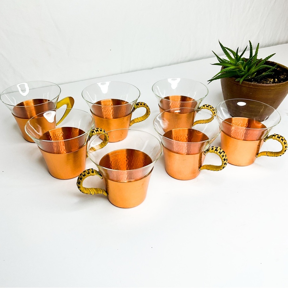 VINTAGE 50s-60s MCM Copper Glass Tea Cups Gold Handles Germany Set of 8